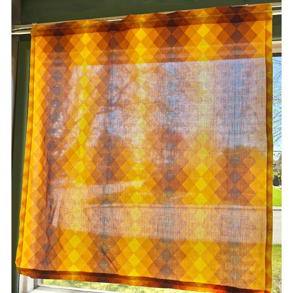 Vintage 60s curtain, orange, yellow, brown geometric diamond shaped pattern